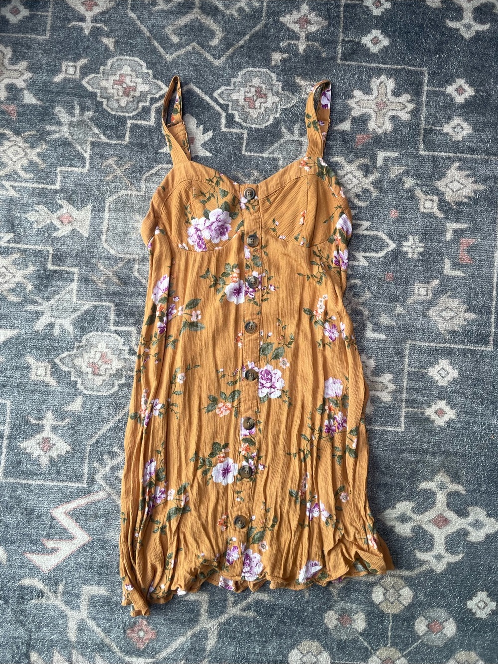 American Eagle Outfitters Mustard Floral Button-Front Mini Dress